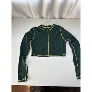 Buffbunny Collection Green Contrast Stitch Crop Long Sleeve Mock Neck Top Large